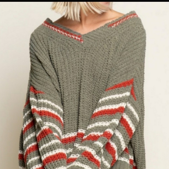 POL BEST SELLER BOYFRIEND Chunky Green And Multi Stripe Color Cozy Sweater - Picture 2 of 7